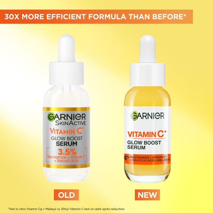 Garnier SkinActive Vitamin C Glow Boost Serum 30ml viser påføring i tre trinn for en strålende hud med naturlig glød.