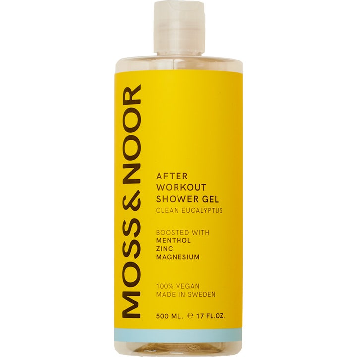 Moss & Noor After Workout Shower Gel 500 ml oppfriskende dusjsåpe i klar flaske med gul etikett og blå detalj