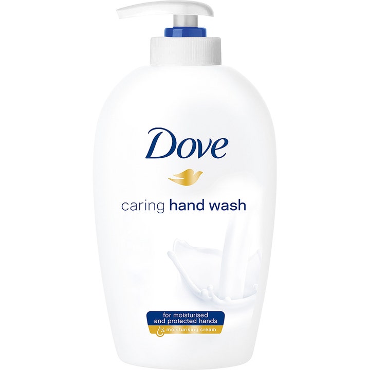 Dove Caring Hand Wash fuktighetsgivende håndsåpe i hvit pumpeflaske med blå logo og illustrasjon av flytende krem