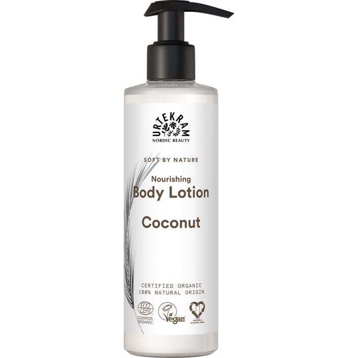 Urtekram Nourishing Body Lotion Coconut næringsgivende bodylotion i hvit plastflaske med sort pumpe.