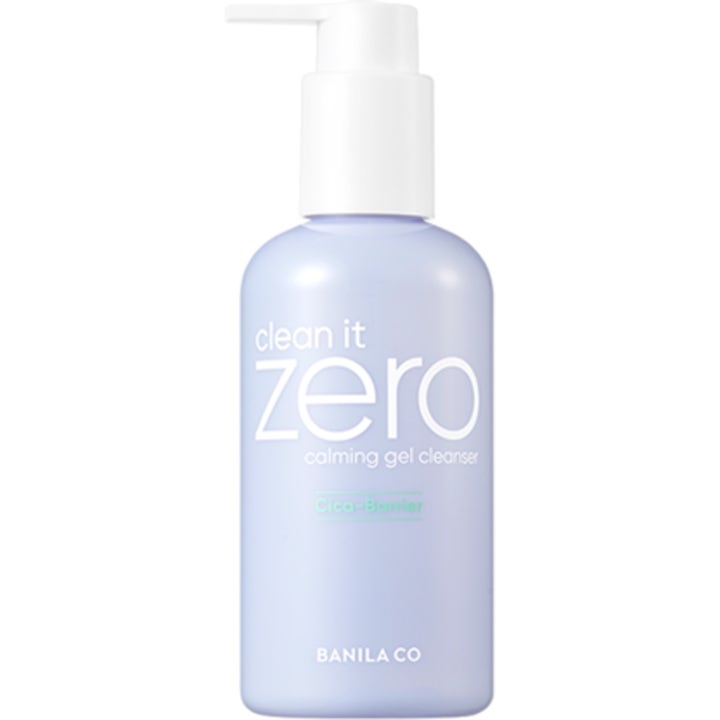 Banila Co Clean it Zero Calming Gel Cleanser beroligende ansiktsrens i en lys lilla plastflaske med hvit pumpe