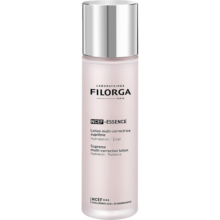 Filorga NCEF-Essence 150 ml fuktgivende lotion som gir glød i en frostet lyserosa flaske med sølvfarget kork