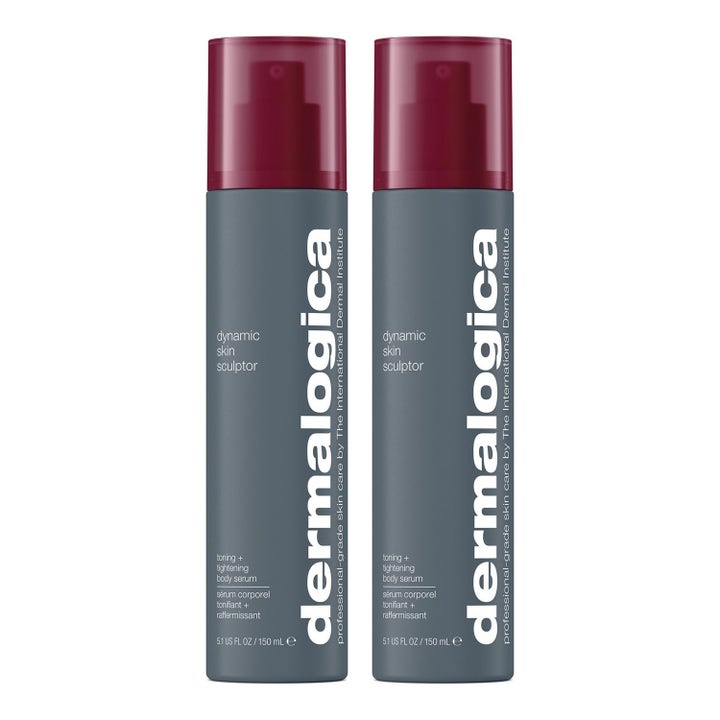 Dermalogica Dynamic Skin Sculptor 150 ml oppstrammende kroppsserum i to grå flasker med dype røde korker