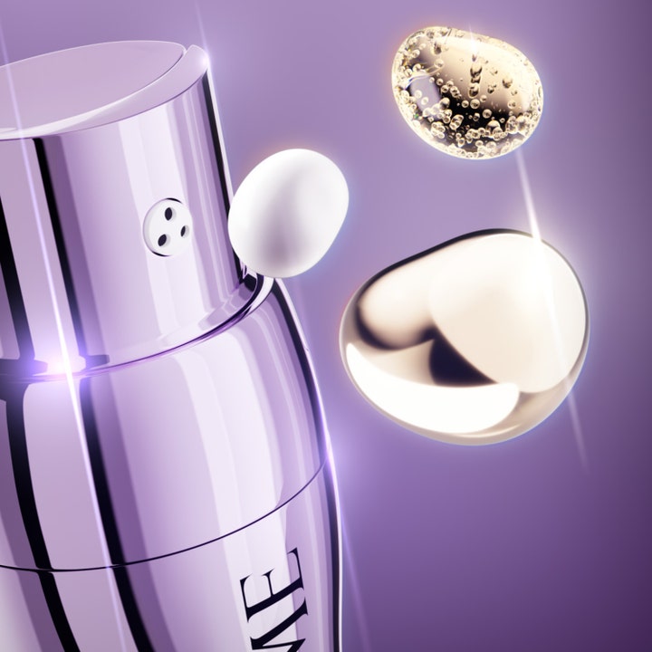 Lancôme Rénergie C.R.x Triple Serum 50 ml ansiktsserum med retinol og flytende dråper mot lilla bakgrunn