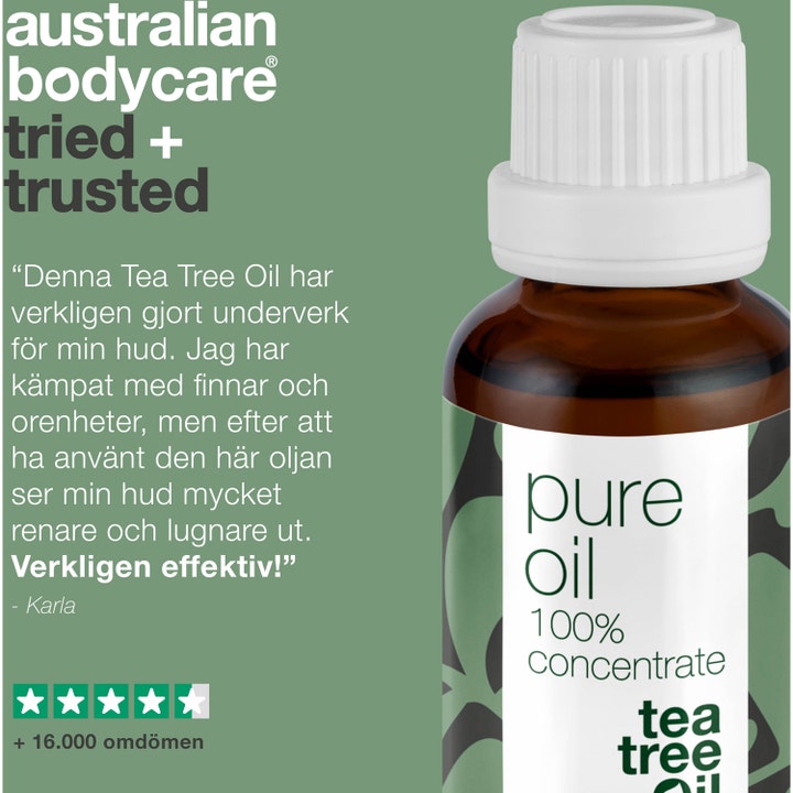 Australian Bodycare Pure Oil 30 ml ansiktsolje mot urenheter i brun glassflaske med sitat fra fornøyd kunde.