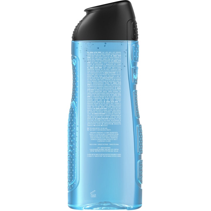 Adidas After Sport 400 ml dusjsåpe for menn i blå flaske med teksturert grep og informasjon på baksiden.