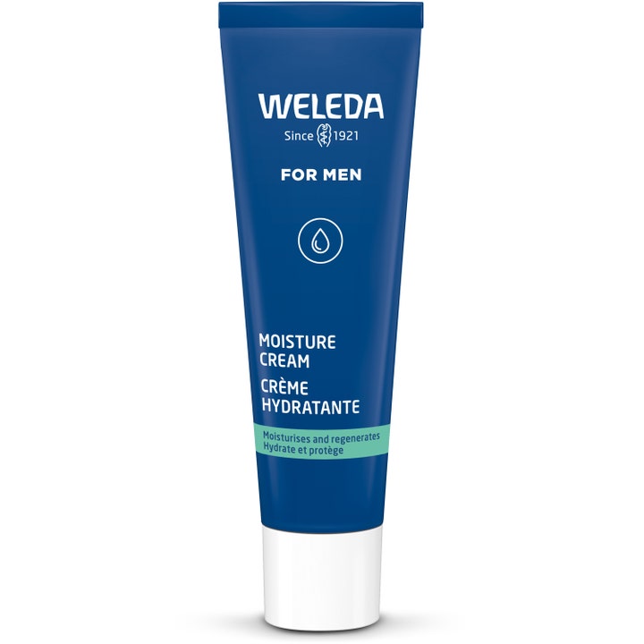 Weleda Moisture Cream For Men 30 ml fuktighetsgivende ansiktskrem i en dyp blå tube med hvit kork og grønn detalj.