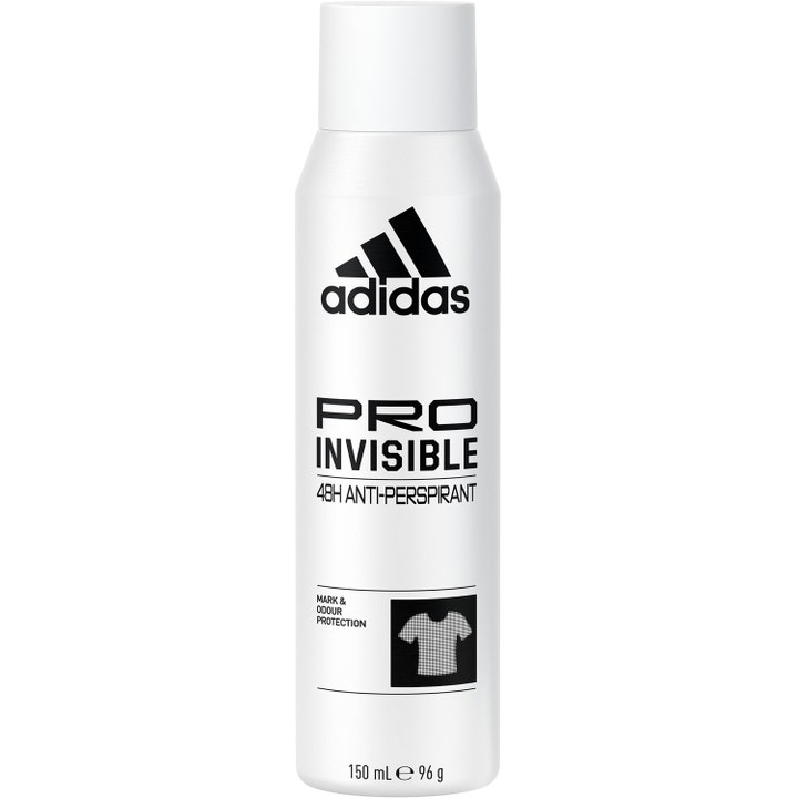Adidas Pro Invisible 150 ml antiperspirant som motvirker merker i en hvit sprayflaske med minimalistisk svart tekst