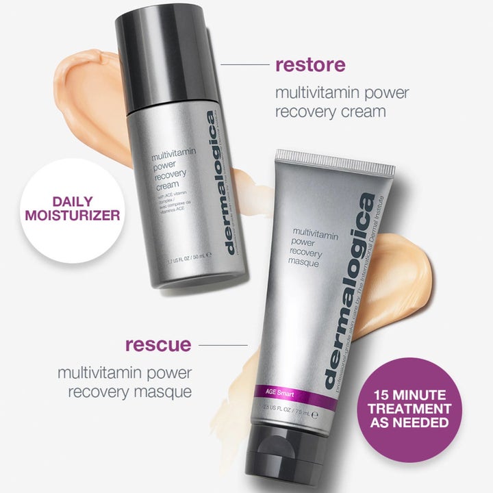 Dermalogica Stressed Skin Recovery System Duo 50ml og 75ml gjenoppbyggende hudpleie med ferskenfarget kremstrøk.