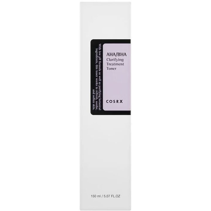 COSRX AHA/BHA Clarifying Treatment Toner 150 ml eksfolierende toner i hvit ytteremballasje med lilla etikett.