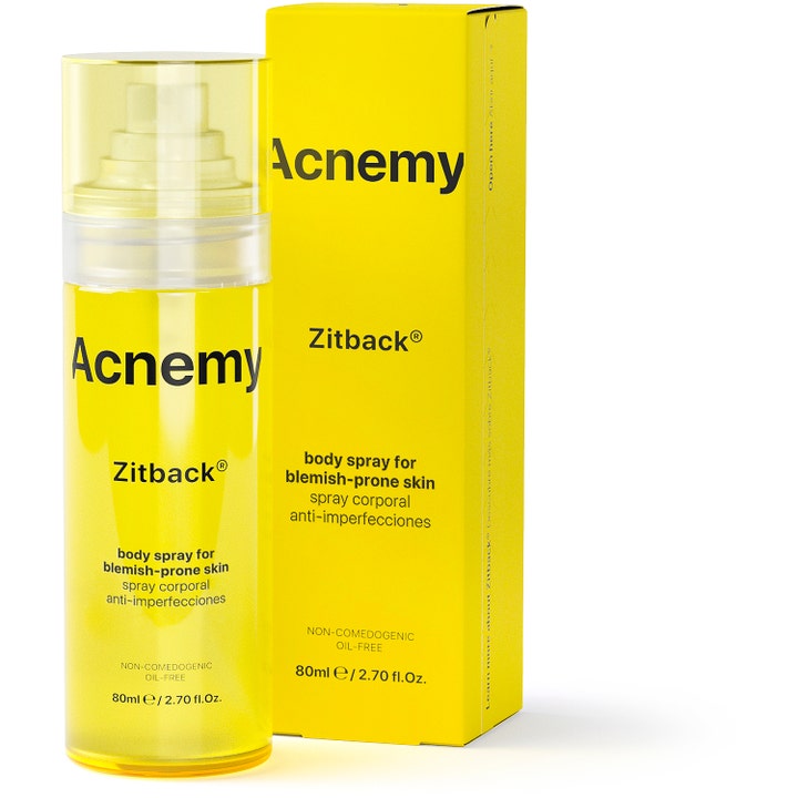 Niche Beauty Lab Acnemy Zitback 80 ml kroppsspray mot kviser i gul gjennomsiktig sprayflaske og eske