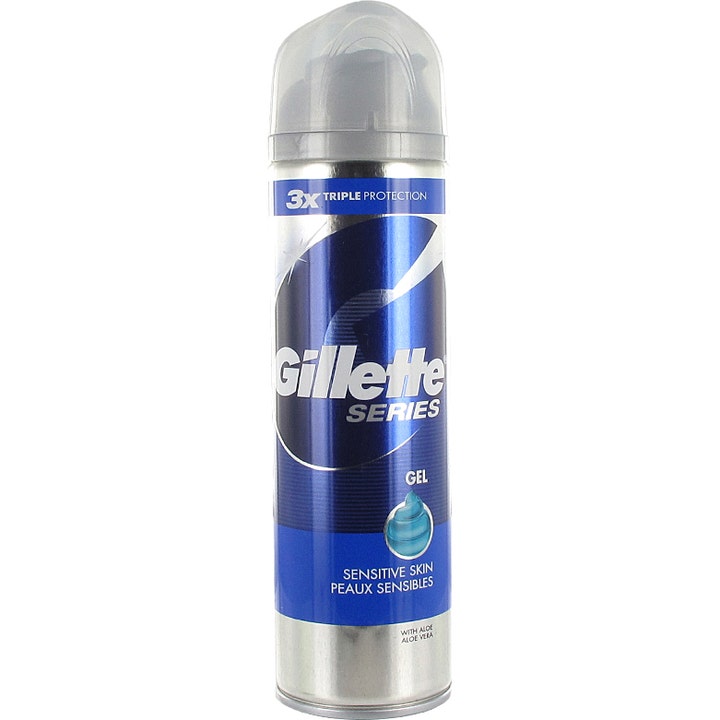 Gillette Series Gel Sensitive Skin barbergel med aloe vera i en blå og sølvfarget boks med klart lokk.
