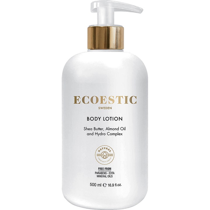 Ecoestic Body Lotion 500 ml pleiende fuktighetskrem i hvit pumpeflaske med gullfargede detaljer