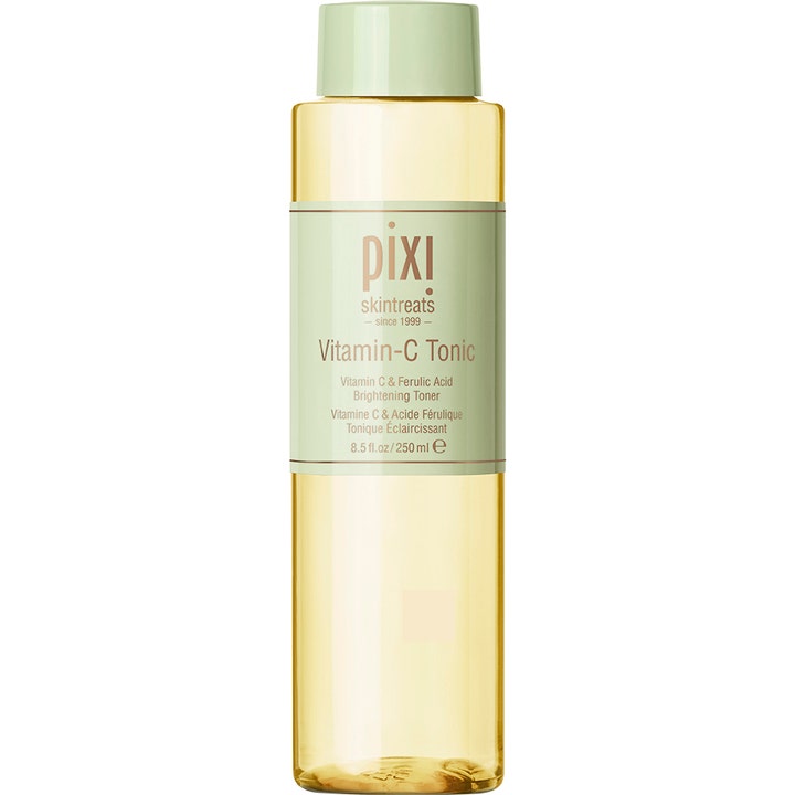 Pixi Vitamin-C Tonic 250 ml glødgivende ansiktsvann i klar flaske med lysegrønn kork og etikett.