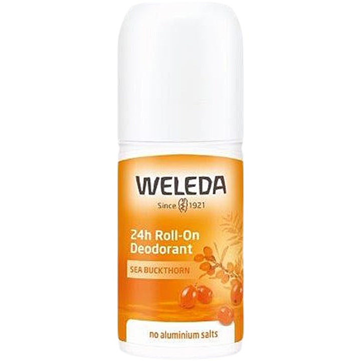 Weleda 24h Roll-On Deodorant Sea Buckthorn 50 ml gir friskhet i hvit roll-on-flaske dekorert med oransje tindvedbær.