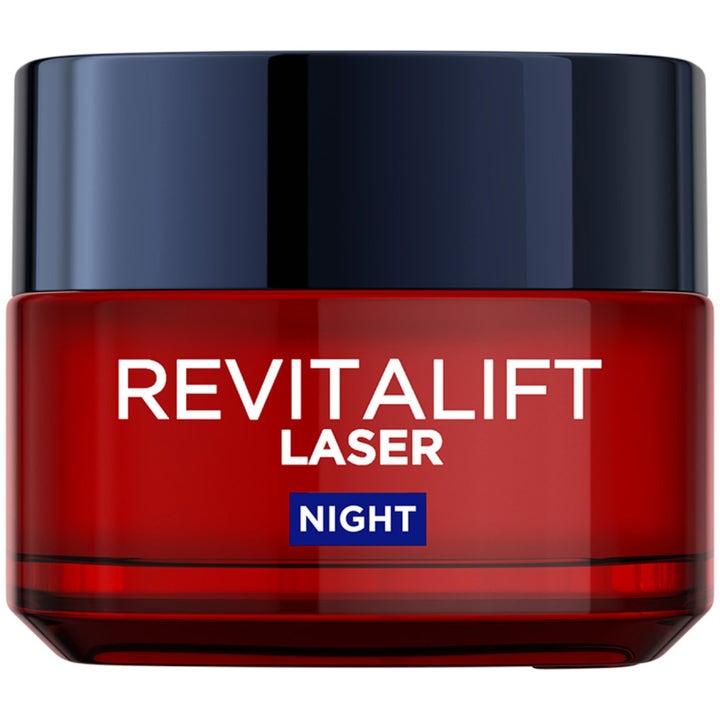 L'Oréal Paris Revitalift Laser Night 50ml nattkrem som reduserer rynker i rød glasskrukke med mørkeblått lokk