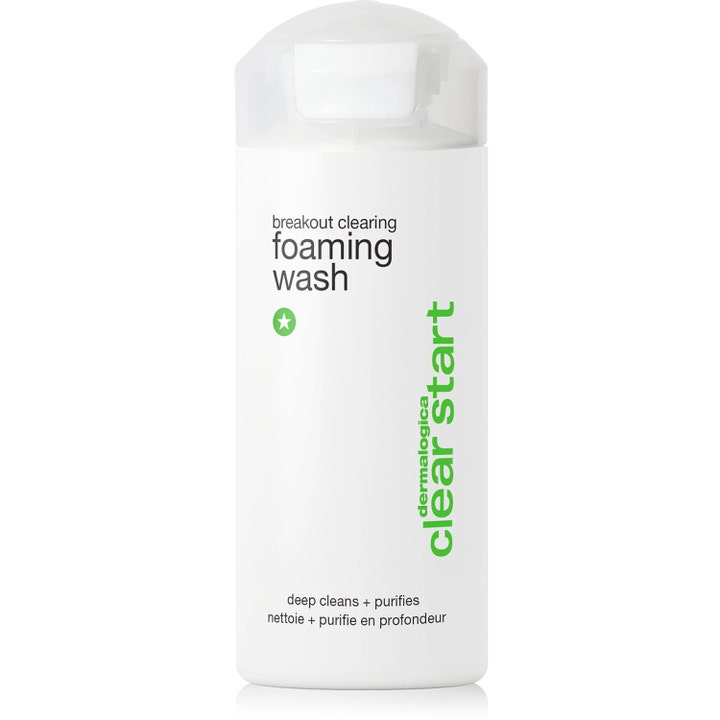Dermalogica Clear Start Breakout Clearing Foaming Wash ansiktsrens mot kviser i hvit plastflaske med gjennomsiktig lokk.