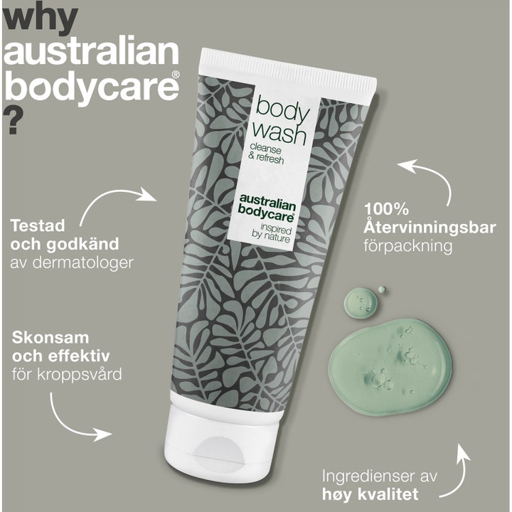 Australian Bodycare Body Wash 200 ml rensende dusjsåpe med tea tree oil i bladmønstret tube og lysegrønn gele.