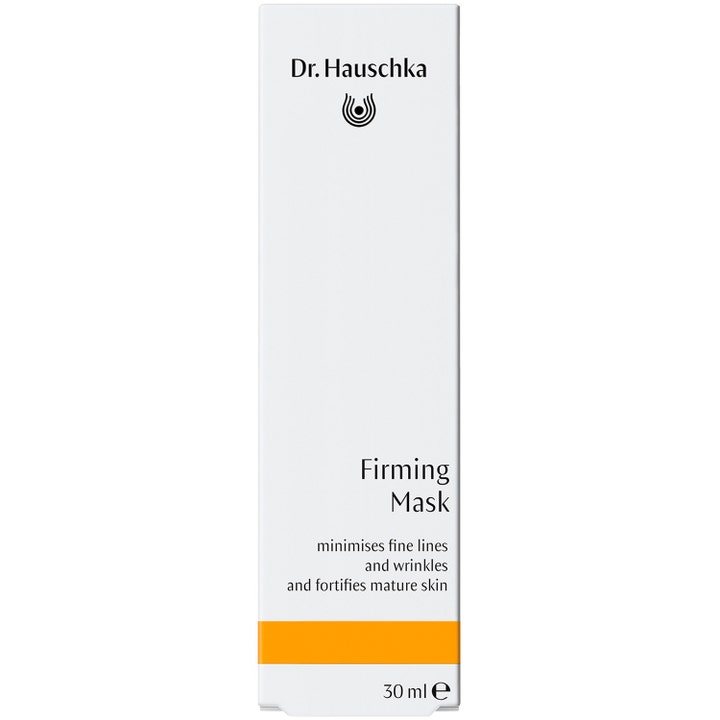 Dr. Hauschka Firming Mask 30 ml oppstrammende ansiktsmaske i hvit ytteremballasje med en oransje stripe.