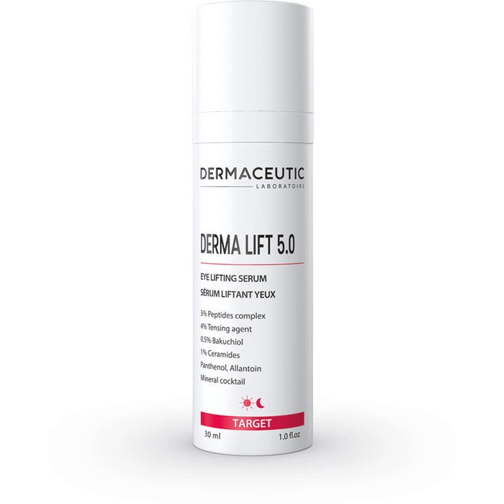 Dermaceutic Derma Lift 5.0 30 ml oppstrammende øyeserum som gir løft i en hvit sylindrisk pumpeflaske med sort tekst.