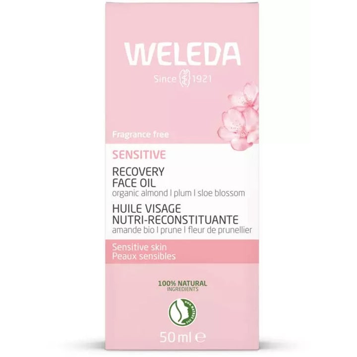 Weleda Sensitive Recovery Face Oil 50 ml beroligende ansiktsolje i rosa eske med illustrasjon av blomster