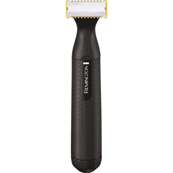 Remington Durablade skjeggtrimmer gir jevn barbering med svart teksturert grep og sølvfarget blad med gule detaljer