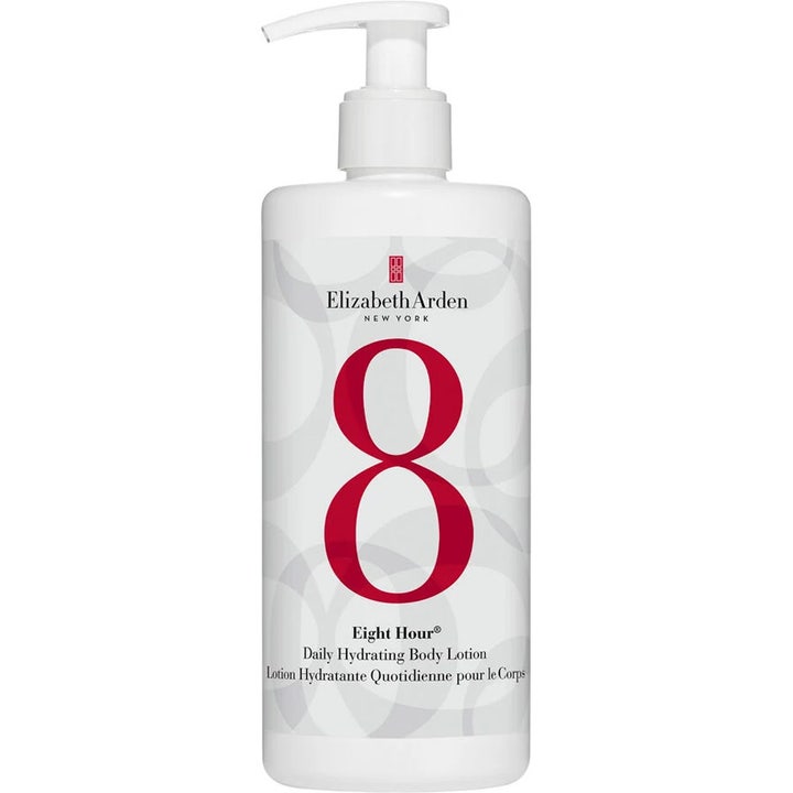 Elizabeth Arden Eight Hour Daily Hydrating Body Lotion fuktgivende kroppslotion i hvit pumpeflaske med stor rød 8.