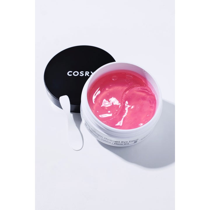 COSRX The Peptide Collagen Hydrogel Eye Patch 60 stk i krukke med rosa gelmasker og hvit spatel