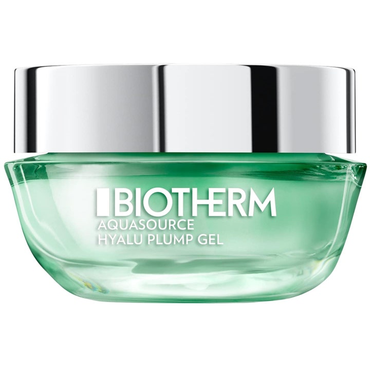 Biotherm Aquasource Hyalu Plump Gel fuktighetsgivende ansiktsgel i en grønn glasskrukke med sølvlokk.