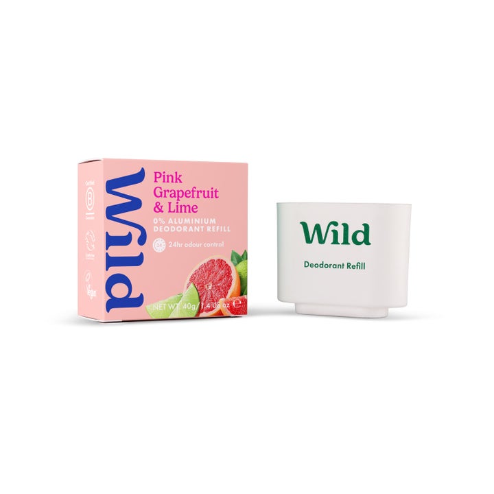 Wild Pink Grapefruit & Lime Deodorant Refill 40g motvirker lukt i rosa eske med hvit papirrefill