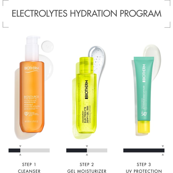 Biotherm Aquasource+ Electrolyte Dewy Gel 100 ml i et 3-trinns program med rens, fuktighetsgel og SPF 50.