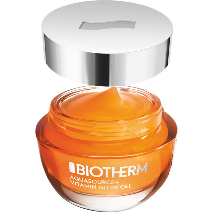 Biotherm Aquasource Vitamin Glow 50 ml glødgivende dagkrem med frisk oransje geltekstur i glasskrukke.