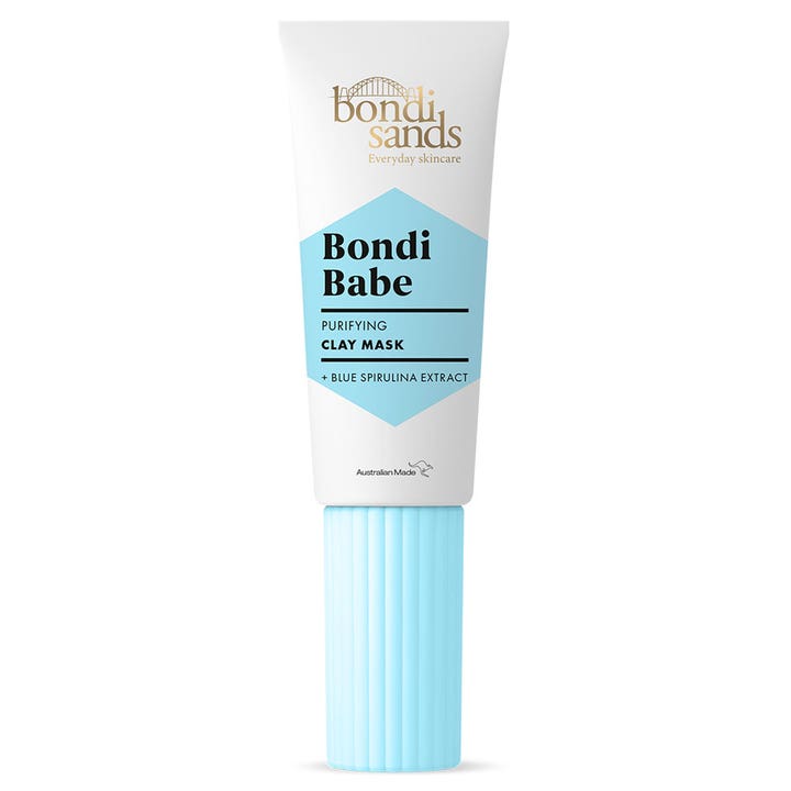 Bondi Sands Bondi Babe Purifying Clay Mask rensende leiremaske med blå spirulina i hvit tube med lyseblått lokk