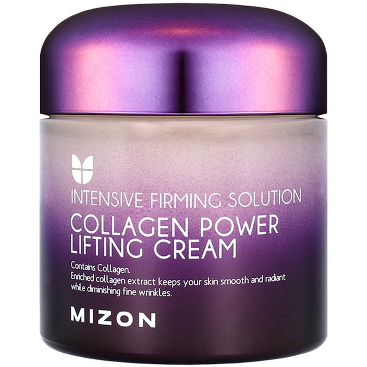 Mizon Collagen Power Lifting Cream 75ml oppstrammende ansiktskrem i lilla krukke med metallisk lokk som gir glød