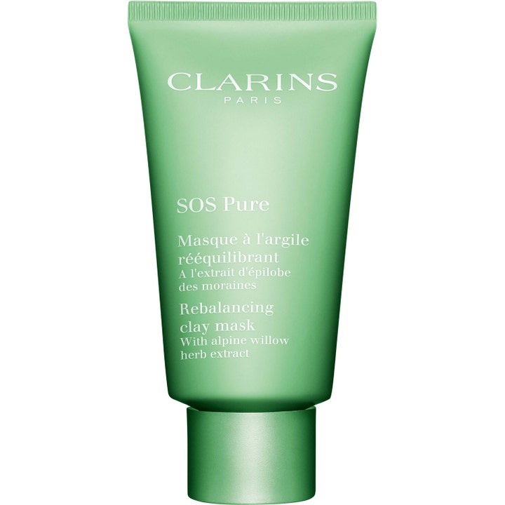 Clarins SOS Pure Rebalancing clay mask balanserende leiremaske i matt lysegrønn tube med hvit tekst og matchende kork