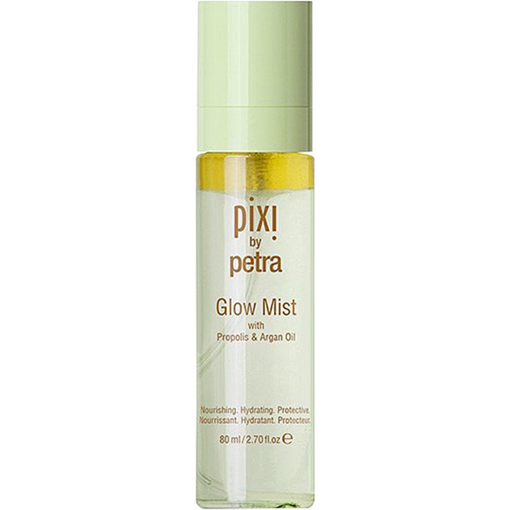 Pixi Glow Mist 80 ml ansiktsspray gir glød med propolis og arganolje i klar flaske med gul tofaset væske