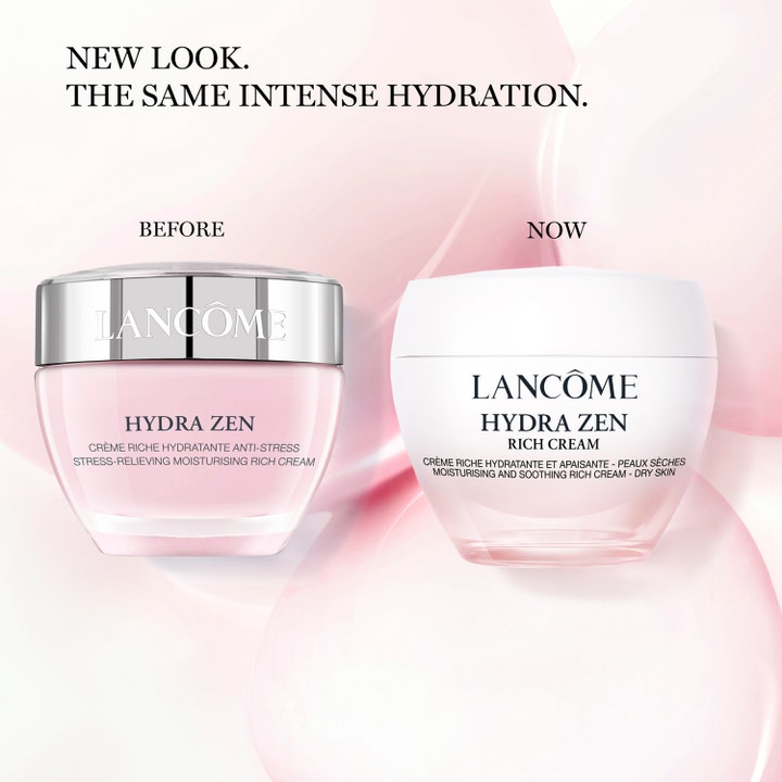 Lancôme Hydra Zen Rich Cream 50 ml fuktighetsgivende dagkrem i ny hvit krukke ved siden av den gamle rosa versjonen