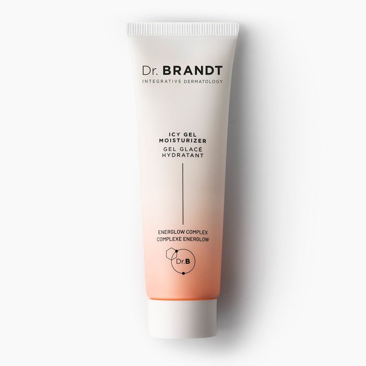 Dr. Brandt Icy Gel Moisturizer 50ml fuktighetskrem som gir glød i hvit tube med ferskenfarget gradient og hvitt lokk.