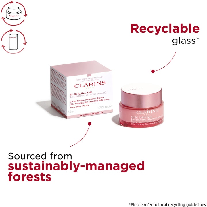 Clarins Multi-Active Nuit 50 ml glattende nattkrem i rosa glasskrukke og eske fra bærekraftig skogbruk