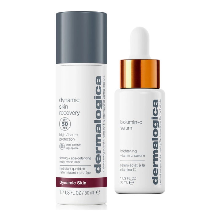 Dermalogica Dynamic Skin Recovery 50 ml og BioLumin-C Serum 30 ml hudpleie i hvite flasker med grått lokk og oransje krage