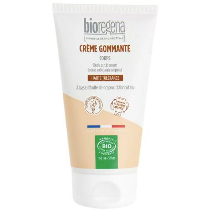 Bioregena Crème Gommante Corps 150 ml eksfolierende kroppsskrubb med aprikosolje i hvit tube med aprikosdetaljer