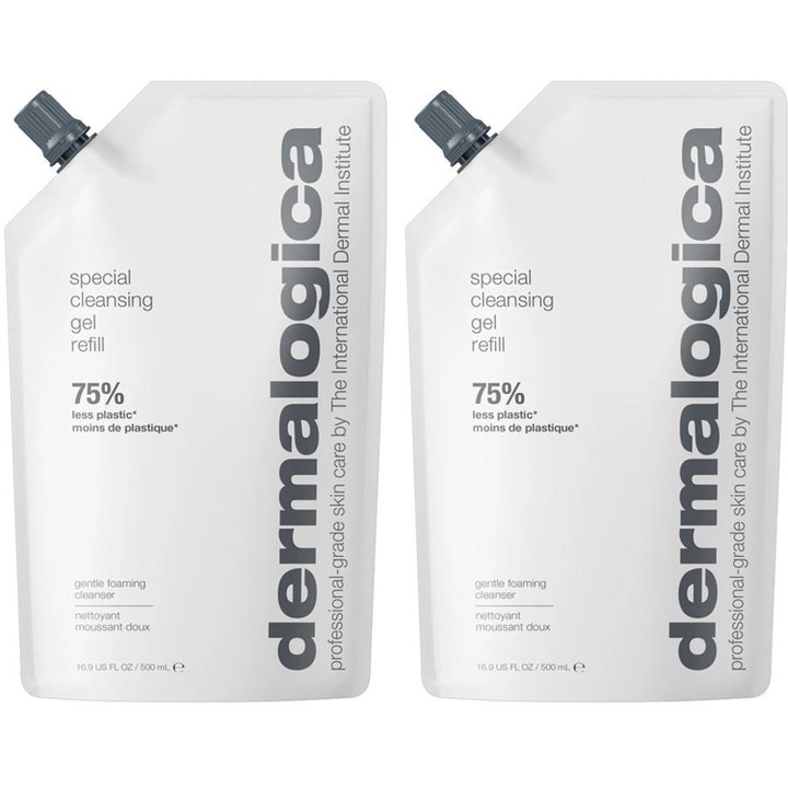 Dermalogica Special Cleansing Gel Refill 500 ml skånsom ansiktsrens i to hvite refillposer med grå skrukorker.