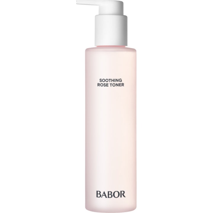 Babor Soothing Rose Toner 200ml beroligende ansiktsvann i frostet lyserosa flaske med hvit pumpe.