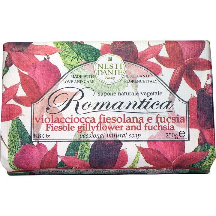Nesti Dante Romantica 250 g vegetabilsk såpe med duft av fuksia i blomstermønstret papiremballasje
