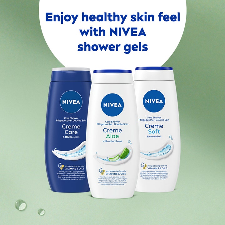 NIVEA Shower Summer Creme Aloe 250 ml pleiende dusjsåpe vist i tre ulike varianter på grønn bakgrunn.