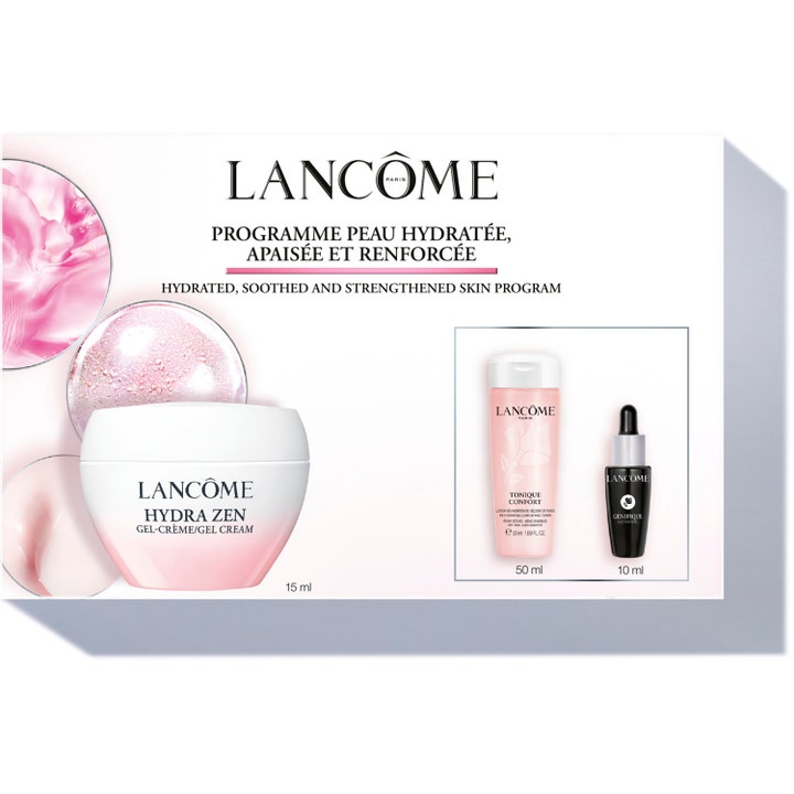 Lancôme Hydra Zen Skin Program gavesett fuktighetsgivende hudpleie med rosa gel-krem, toner og sort serumflaske.