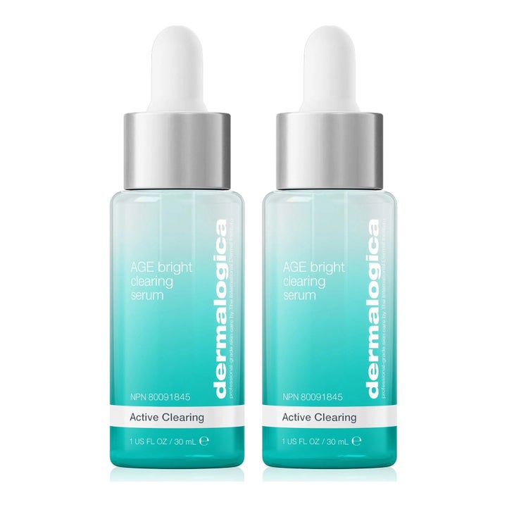 Dermalogica AGE Bright Clearing Serum 30 ml ansiktsserum mot urenheter i to glassflasker med turkis farge og hvit pipette