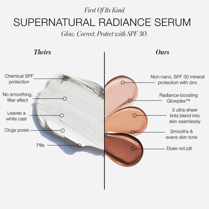 RMS Beauty SuperNatural Tinted Serum 30 ml viser teksturer i tre nyanser som jevner ut huden med SPF 30 sink.