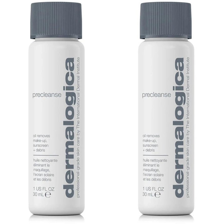 Dermalogica Precleanse 30 ml dyprensende olje fjerner sminke vist i to hvite plastflasker med grå korker