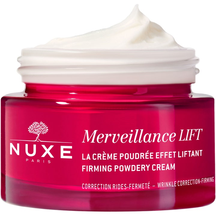 Nuxe Merveillance LIFT Firming Powdery Cream 50 ml oppstrammende dagkrem i rød glasskrukke med fyldig hvit tekstur
